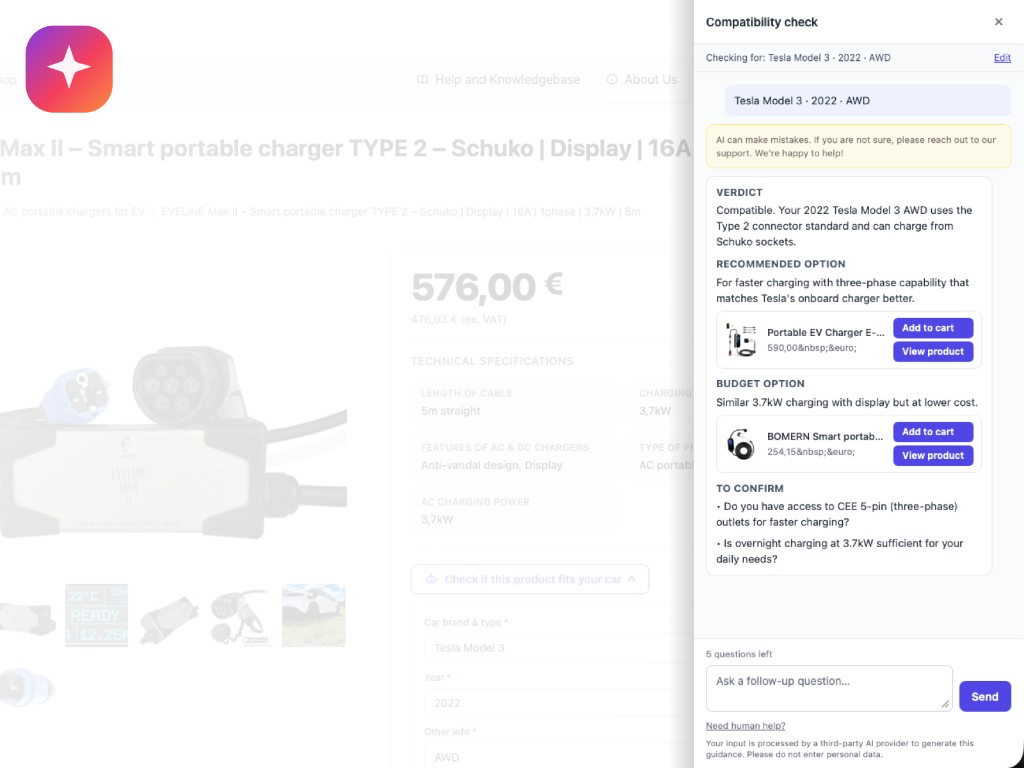 Pickaire chat sidebar showing a compatibility verdict with recommended and budget product cards